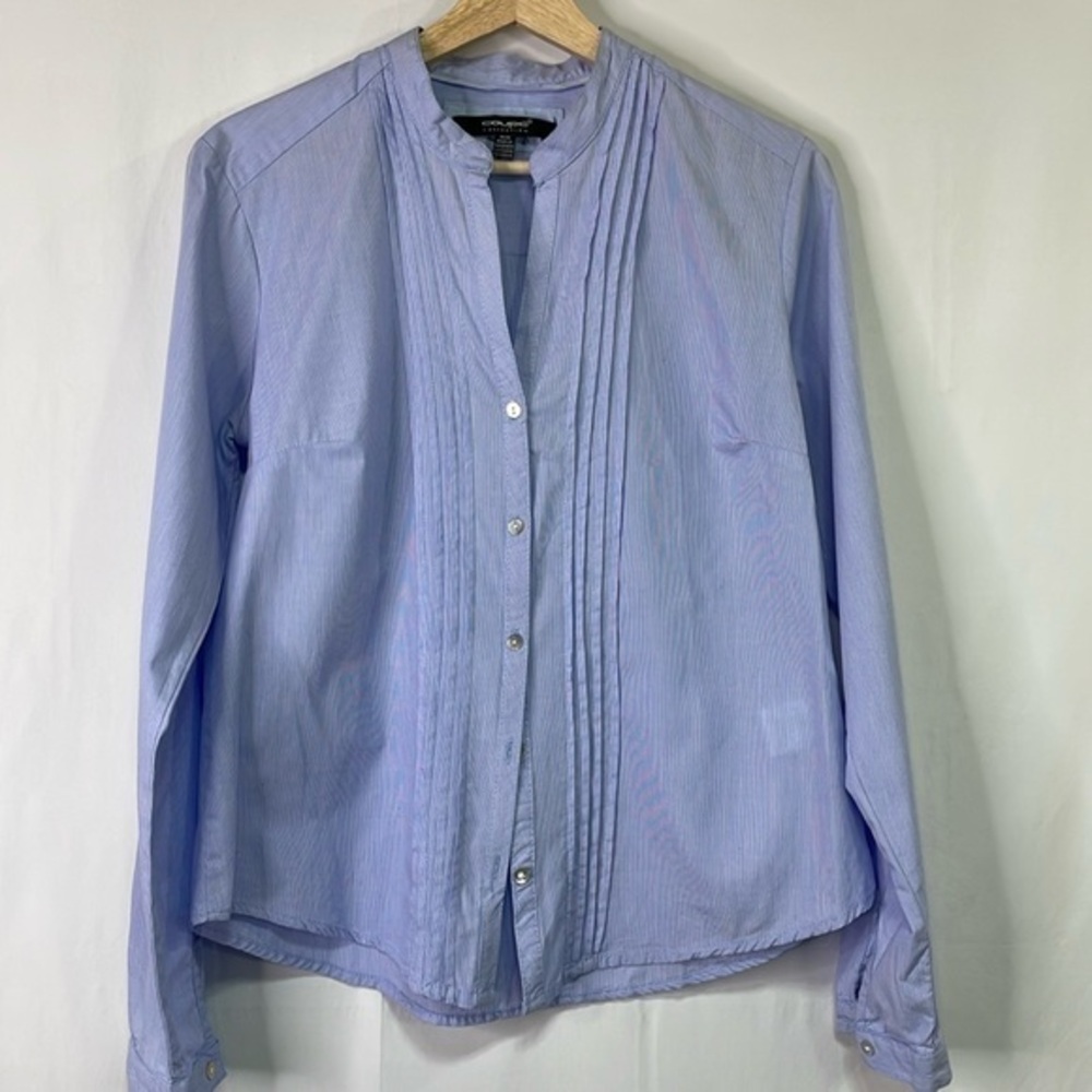 🤡 Coupe Collection  mini striped band collar, pleated long sleeve blouse